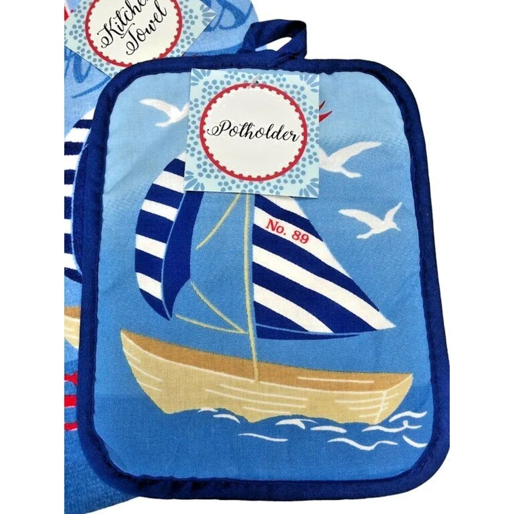 Sailboat Kitchen Dish Towels Potholder Oven Mitt Nautical Summer Beach Set of 4
